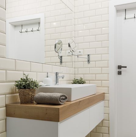 Modern white bathroom with wooden details